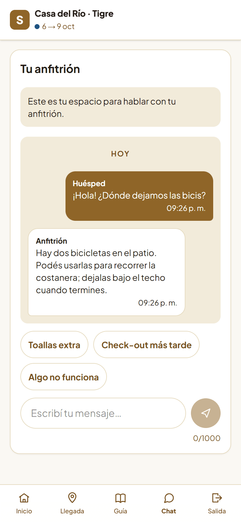 Chat del huésped con su anfitrión