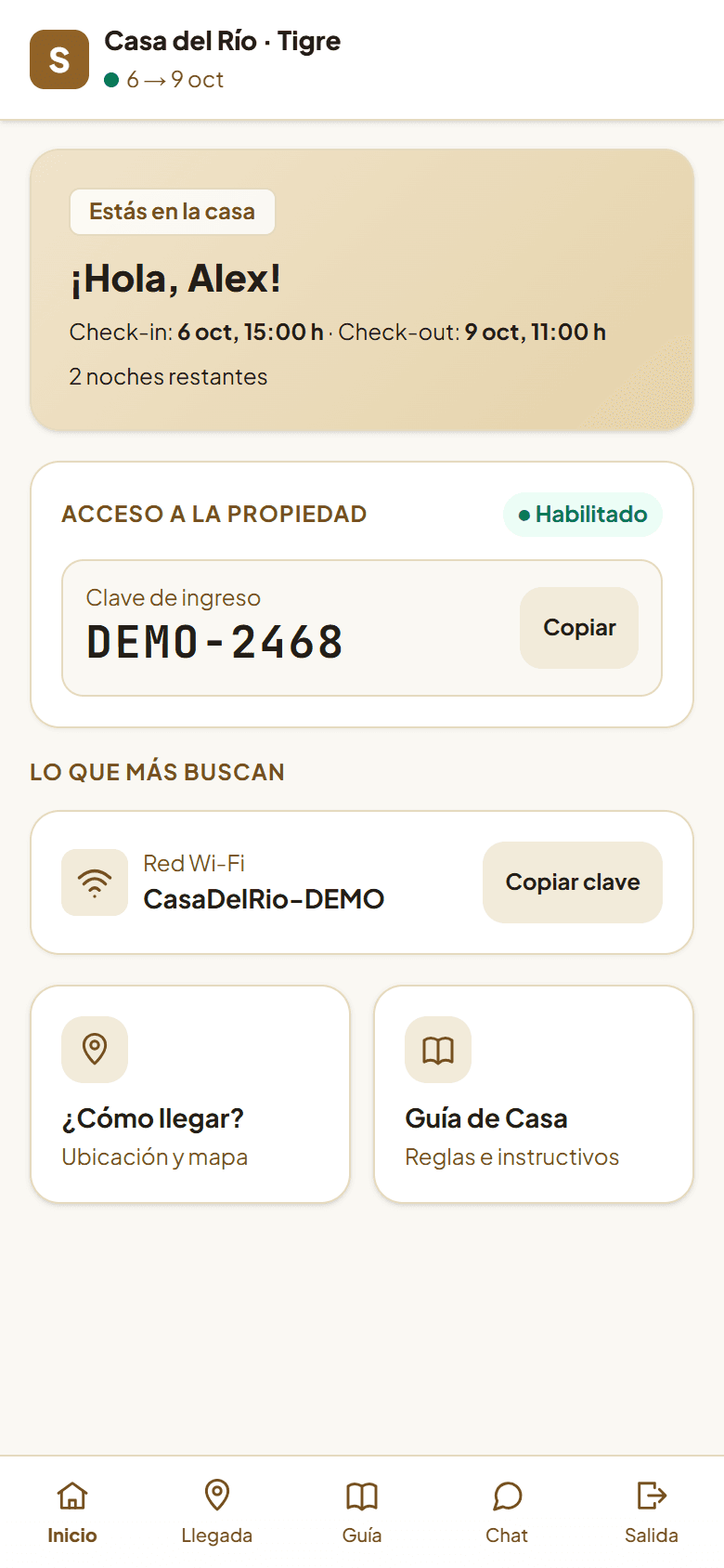 Inicio del huésped: clave y Wi-Fi