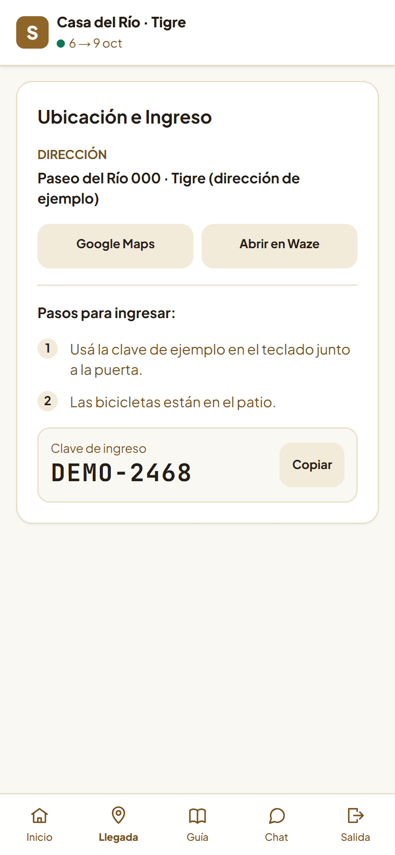 Llegada del huésped: dirección, mapas y pasos para ingresar