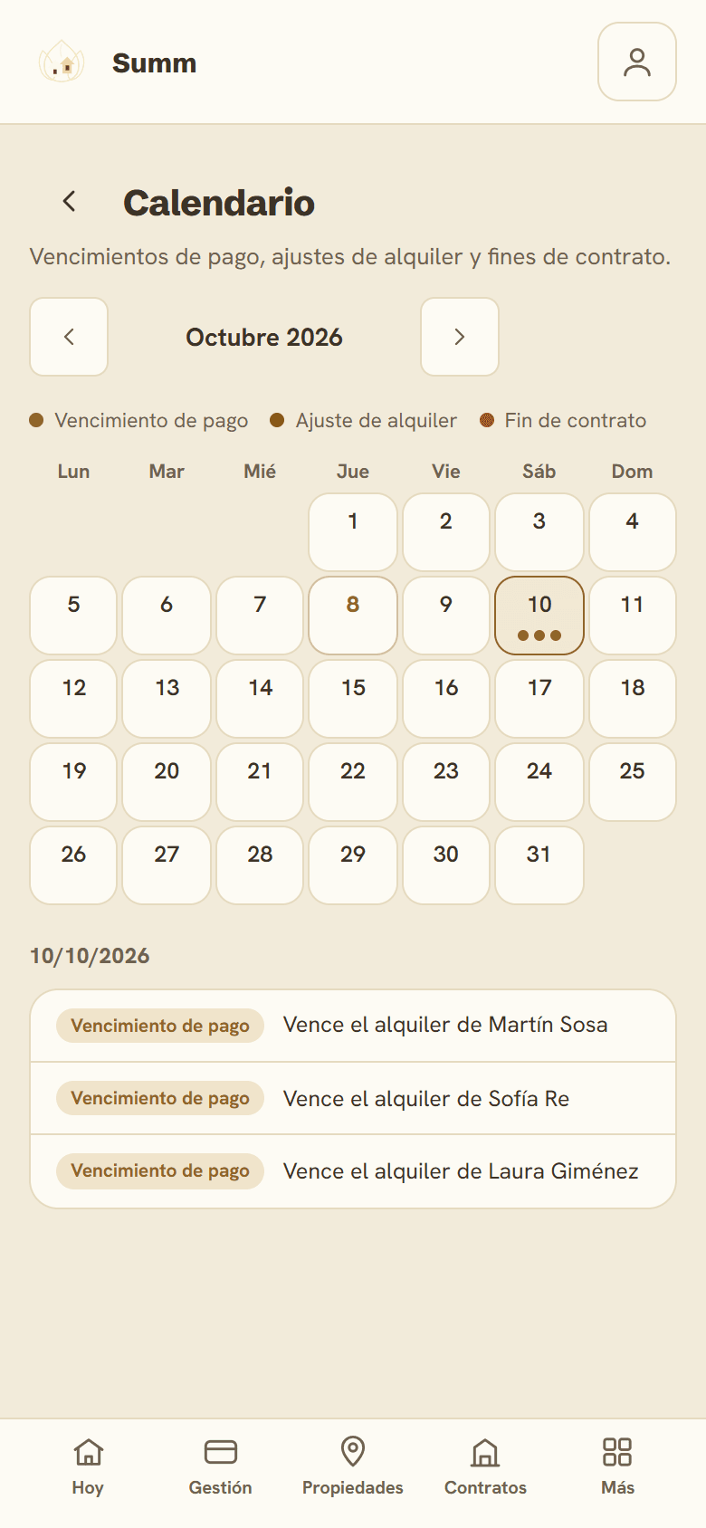 Calendario de Summ con vencimientos de pago, ajustes de alquiler y fines de contrato