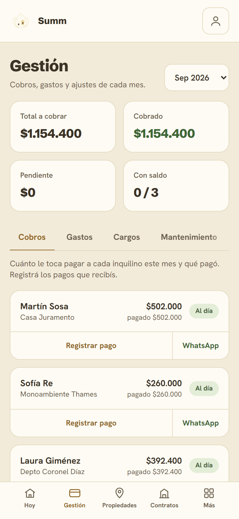 Cobros del mes en Summ: total a cobrar, cobrado y estado de cada inquilino