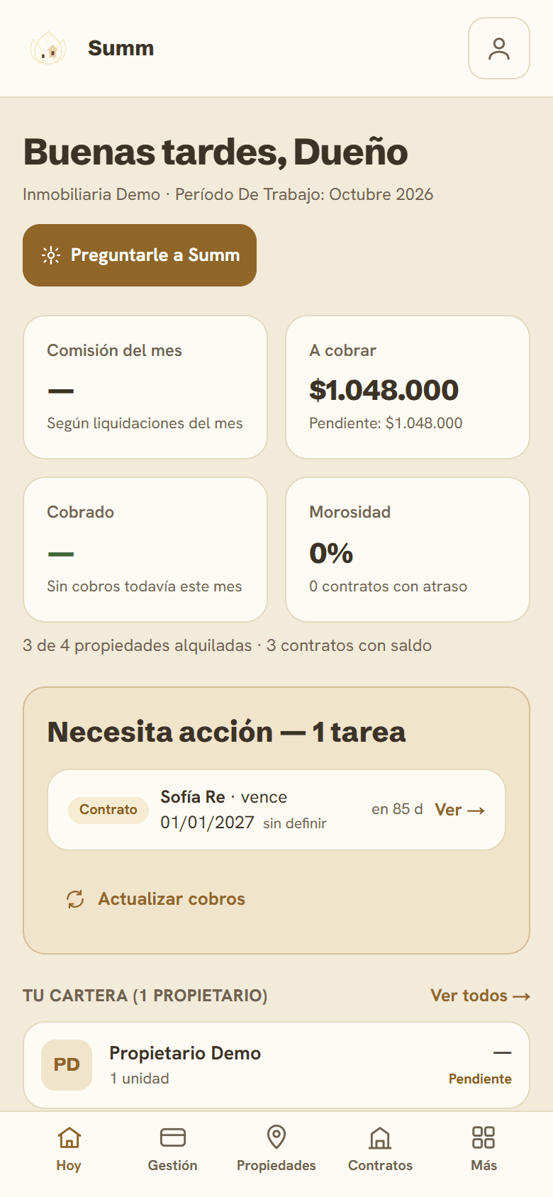 Inicio del panel de administración de Summ: cobros, morosidad y tareas pendientes