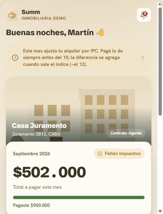 Portal del inquilino: alquiler del mes y pagos